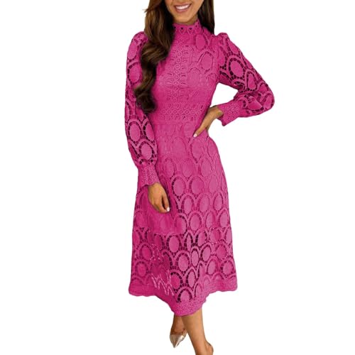 Wollkleid für Damen, ausgehöhlt, schmaler Stehkragen, Puffärmel, solides langes Kleid, Herbstkleider für Damen, lässig, Sommer, hot pink, M