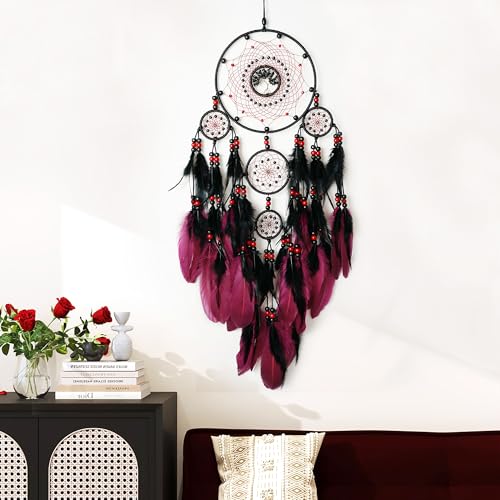 Large Dream Catchers, Boho Handmade Native Macrame Dream Catchers Wall Hanging for Bedroom Living Room Dorm Room Decor, Adults Wedding Party Decor, Festival Blessing Gift (Red & Black) - Image 5