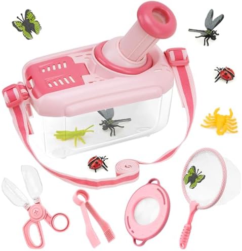 Funsland Forscherset für Kinder ab 4, Entdecker Set mit Insekten Beobachtungsbox, Lupenglas Kinder, Insektenfänger, 12 Gefälschte Insekten, Schmetterlingsnetz, Grün (Rosa)