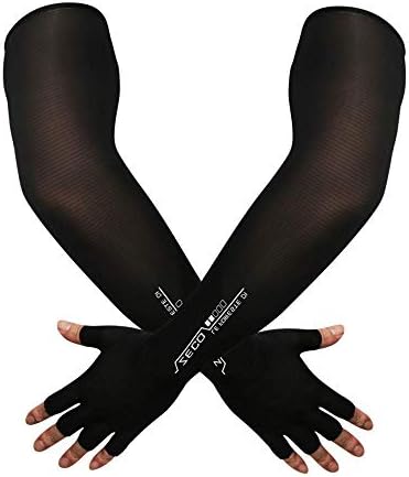 HODORPOWER UV Protection Gloved Arm Sleeves for Men & Women Cycling Ice Arm Sleeve Fingerless Sun Compression Long Arm Cover, Black, One Size