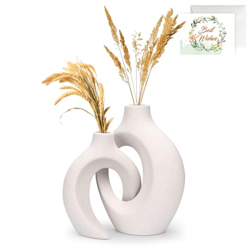 Vase Céramique Design, Lot de 2 – Blanc pour Pampa et Fleurs Séchées – Décoration De Table Moderne pour Maison, Fête, Centre De Table De Mariage
