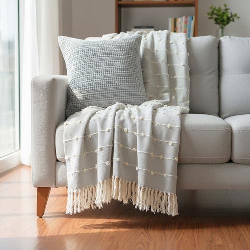 Image of SAJAVAT HOME Soft Cotton 3 Seater Sofa Throw with Cushion Cover | 80x52 Inches (204x132 Cm) | Hand-Knitted Grey Throw & Grey Cushion18x18 for Sofa, Bed, Chair & Travel | Pack of 1