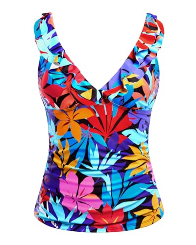 Image of Ruffle V Neck Tankini Top Only Women Tummy Control Swimsuit Tank Top | Removable cups for custom bust lift, Blend soft spandex to stretch easily