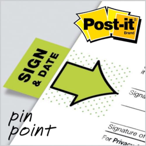 Image of Post-it Message Flags, inchSign and Date inch, Bright Green, 1-Inch Wide, 50 /Dispenser, 2-Dispensers /Pack