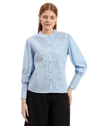 Image of Women's Blue Embroidered Panel Shirt | Elegant Mandarin Collar Button-Down Top | Full Sleeve Formal & Office Wear Shirt