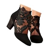 Faithgee Elegant Black Lace Ankle Boots with Floral Patterns - Trendy Dressy Sexy Coquette Comfortable Chunky Heel Zip Work Formal Breathable Lightweight Mesh Upper for Stylish Women Party (8,Black)