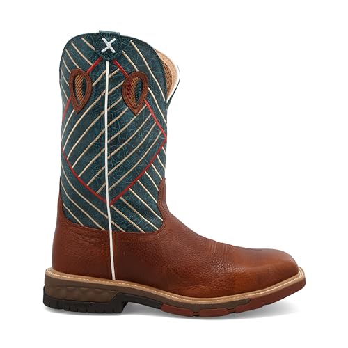 Twisted X Men's 12" Alloy Toe Western Work Boot, Square Toe with Cellstretch, Cognac & Dark Green, 8 D4