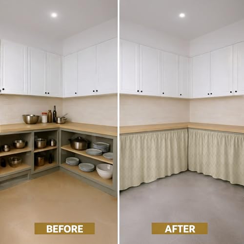 Image of LINENWALAS Under Sink Curtain for Kitchen - Pack of 2 | Herringbone Embossed Design Polyester Under-Sink Cover | Storage-Hiding Curtain with Rod Pocket | Kitchen & Bathroom (132x71 CM, Beige)