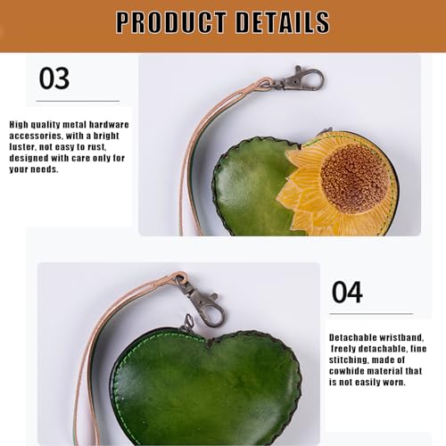 Wristlet Wallets for Women, Coin Pouch for Women,Small Leather Pouch With Zipper for Women Fashionable Wallet Leather Classic Money Bag，Sunflower Gifts for Women (Heart shaped green)4