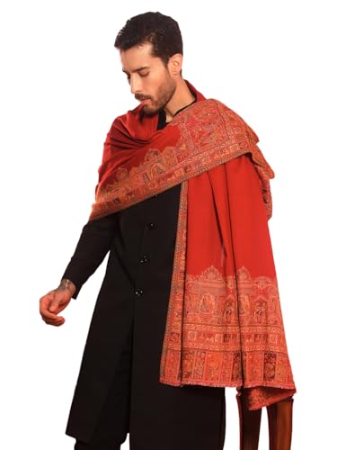 Image of Pashmoda Men Arcadia Borders Jamawar Shawl, Stole and Wrap, Sustainable and Natural Fabric, Heritage Kashmiri Pashmina, Medium Size for Gents, (Size 40x80 Inches)