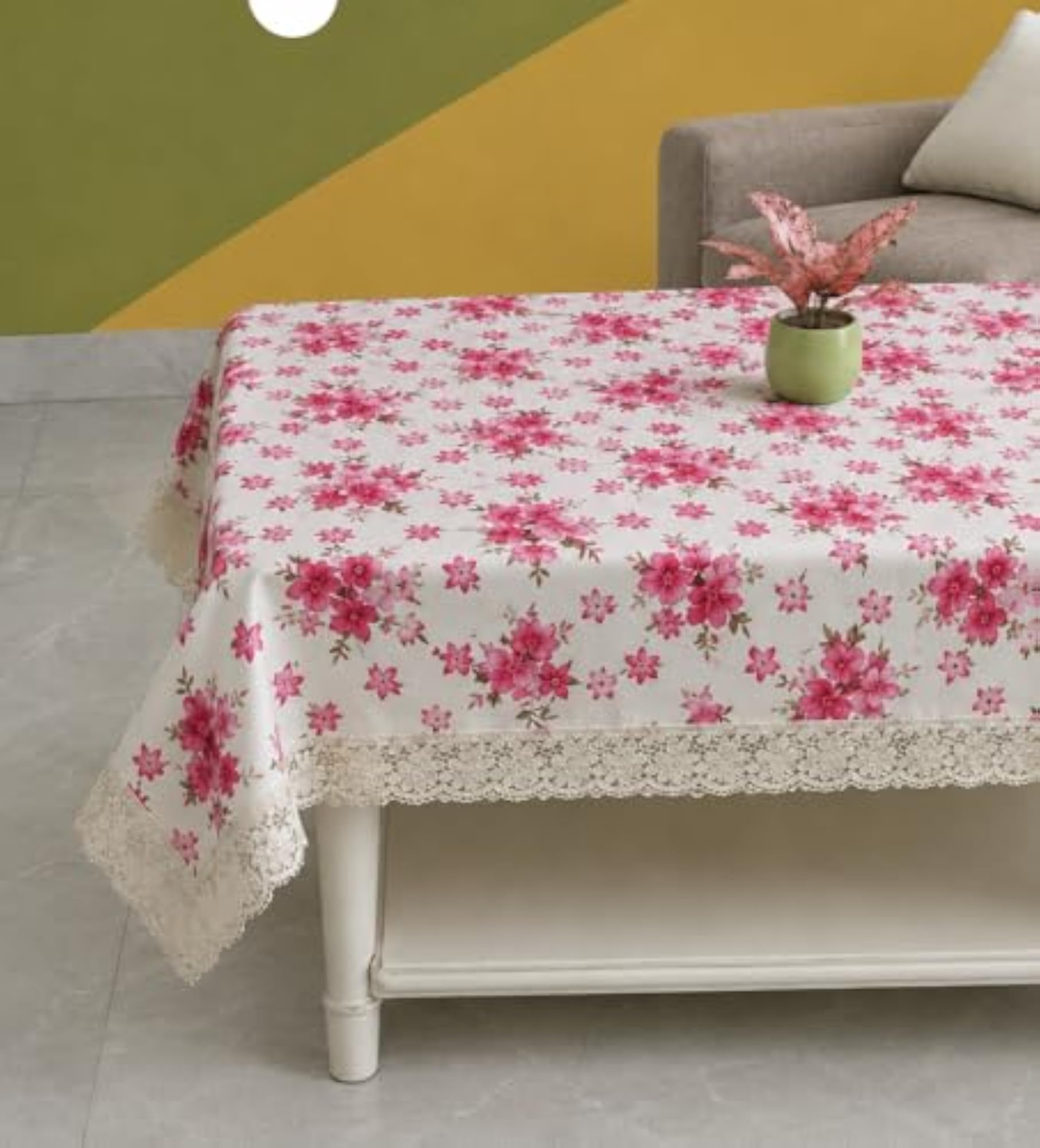 Pink Floral Printed Waterproof PVC Center Table Cloth, Decorative