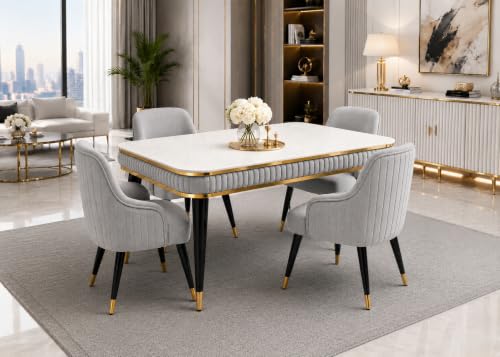 Image of WOODEN SPACE 4 Seater Wooden Dining Table Set | Urban Marble Top Dining Table with Chairs for Dining Room & Kitchen (Modern Zyro Light Grey) (54 x 36 x 30 inch)
