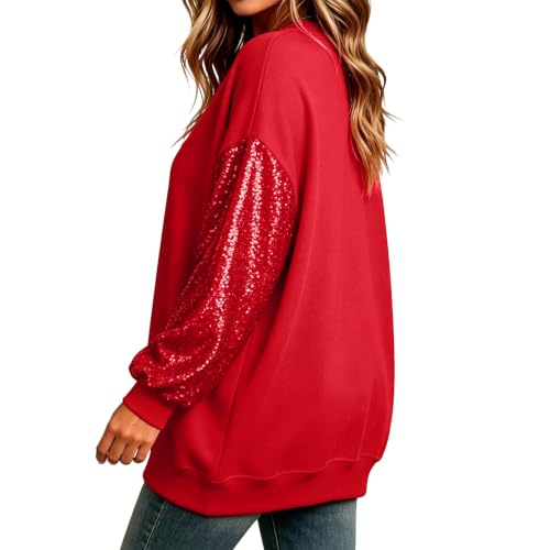 Sequin Tops Women Oversized Patchwork Sleeve Sparkly Sweatshirts Red S - image 8