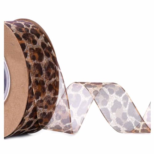 SHTGOI Leopardenmuster Organzaband 10 Yards/Rolle Tierdruck Chiffonband Schleifenband Leopard Print Organza Geschenkband Dekoband Weiches Transparentes Band für Basteln,Nähen,Geschenkpackung 25mm