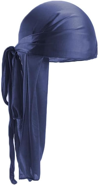 Unisex Silky Long Tail Durag, Pirate Hat Turban Headwrap for Women and Men with Fashion Bandana Design and Hijab Hair Accessories(Navy)