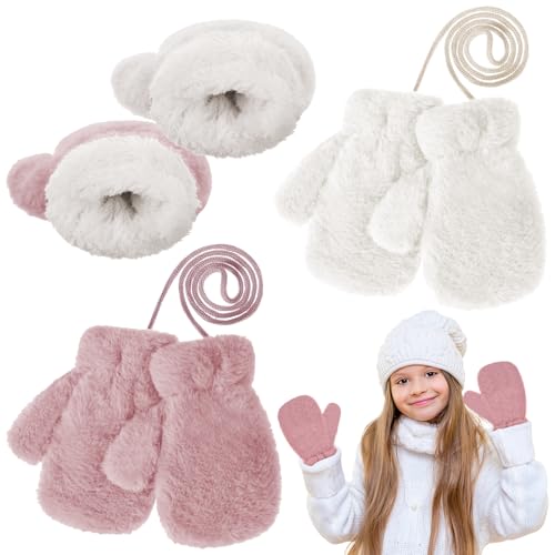 Yimomoyi 2 Paia Guanti Invernali per Bambini, Guanti Freddo con Cordino Da Appendere, Guanti Caldi Muffole con Fodera in Peluche, per Ragazzi Ragazze 3 a 7 Anni, 18 * 9cm (Bianco + Rosa)