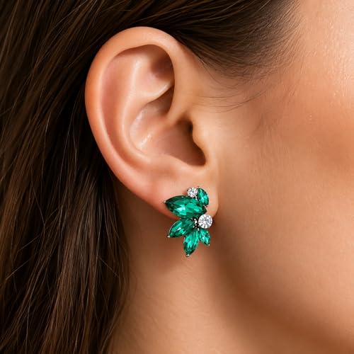 Green Earring for Women Sparkly Rhinestone Earrings with Silver-tone Vintage Crystal Jewelry for Party — view 3