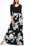 Comila Dresses for Women Casual Summer, Elegant V Neck Vintage Classic Floral Maternity Casual Dress Fashion 3/4 Sleeve High Waist A Line Flowy Dress Black/White S (US 4-6)