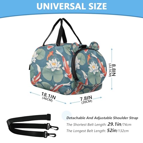 YETTASBIN Sport Travel Duffel Bag for Girls Boys, Koi Fish Lotus Large Waterproof Weekender Overnight Bag, Detachable Shoulder Strap Gym Bag with Shoe Compartment & Wet Pocket3