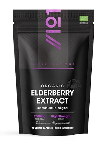 ALPHA01 - Organic Elderberry Extract 7500mg – High Strength Black Sambucus Extract – 90 Vegan Capsules (3 Months Supply) – Resealable and Recyclable Pouch – by Alpha01