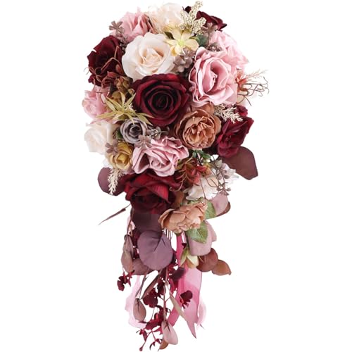 Fouriding Wedding Water Drop Bouquets for Bride, Bridal Artificial Waterfall Bouquets for Ceremony Anniversary Party Bridal Shower Wedding Flowers (Soya Burgundy)