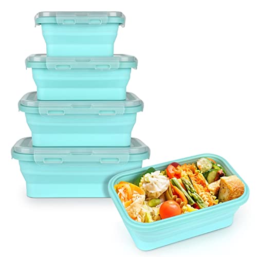 Keweis Silicone Food Storage Containers With Lids, Collapsible Silicone Lunch Box Bento Boxes, Meal Prep Container For Kitchen, Bpa Free, Microwave Freezer And Dishwasher Safe, Set Of 4 - Square Blue #TOP7