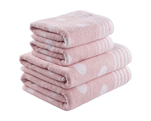 Image of La Maison Jacquard Circles Polka Dots 100% Cotton 500GSM Luxury Hand Towel Bath Towel Super Soft Highly Absorbent Everyday Use (4 Piece Bale Set - 2 Hand Towels and 2 Bath Towels, Soft Pink)