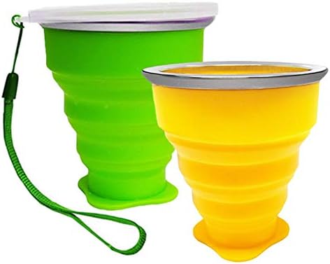 Unbreakable Silicone Collapsible Travel Cup, Erlsig Portable Folding Mug with Lid for Outdoor Camping Hiking-Yellow+Green