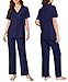 Ekouaer Pajamas for Women Set Button Up Sleepswear 2 Piece Short Sleeve PJ Top and Long Pants Loungwear With Pocket Navy XXL