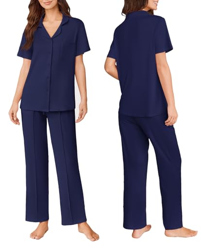 Image of Ekouaer Pajamas for Women Set Button Up Short Sleeve Pjs Sets With Pockets | Soft Womens Sleepwear,V Neck,Notch Collar,2 Piece Classic Loungewear With Long Pant for Sleep,Lounge,Fall