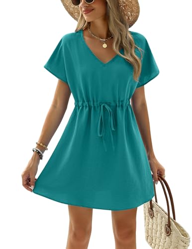 Image of Ekouaer Womens Swimsuit Coverup Short Sleeve Beach Cover Up Dress V Neck Bikini Beachwear