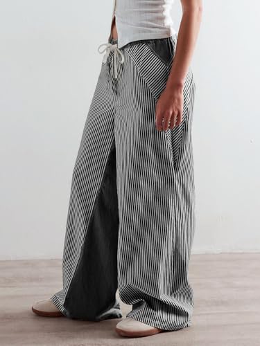 Image of PEIHOT Low Rise Striped Pants for Women Pull On Drawstring Boho Wide Leg Jeans Trendy 2026