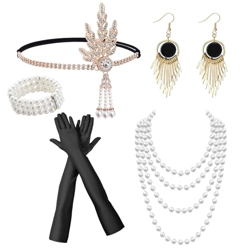 5 Pezzi Accessori Donna Anni 20,20s Set di Accessori Great Gatsby,Costume Charleston Anni '20 con Collana Perle Guanti Lunghi Fascia Braccialetti