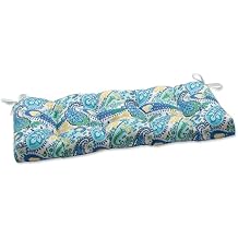 Pillow Perfect Paisley Indoor/Outdoor Sofa Setee Bench Swing Cushion with Ties, Tufted, Weather, and Fade Resistant, 18" x 44", Blue/Green Amalia,