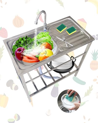 Jpquantrics Fregadero Comercial de Acero Inoxidable con Grifo Fregadero Cocina Exterior Jardin Ahorro De Espacio Fregaderos Industriales para Restaurante Bar Garaje Patio Lavanderia Fácil De Montar