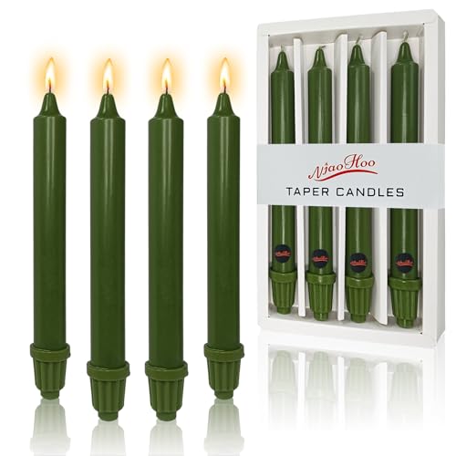 NJAO HOO Olive Green Taper Candle 8 Inch Christmas Candlesticks Unscented Dripless Handmade Candles for Home Decor Dinner New Year Party, 4 Pack