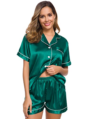 Image of SWOMOG Womens Silk Satin Pajamas Set Short Sleeve Sleepwear Button Down Top and Shorts Loungewear 2 Piece Pjs Set XS-3XL