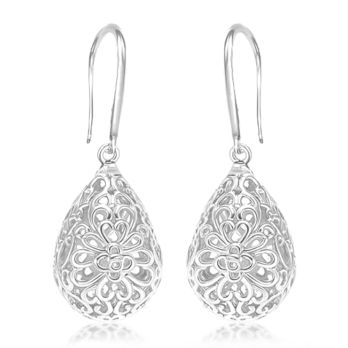Image of TRUESILVER ACPL 925 Sterling Silver Filigree Drop Earrings for Women & Girls | Elegant Dangle Leverback Earrings | Stylish Everyday & Gift Jewelry