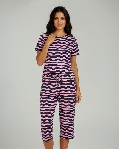 Image of Real Essentials 2 Pack: Womens Pajamas Short Sleeve Sleepwear Tops and Capri Pants Pjs Print Pajama Sets (Available In Plus)