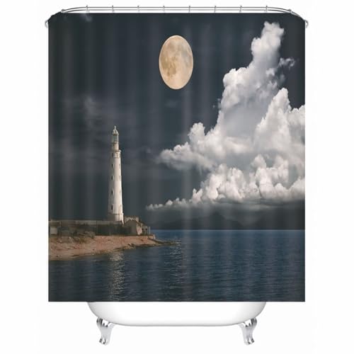 Rideau de douche textile blanc et noir motif nuage phare en polyester lavable