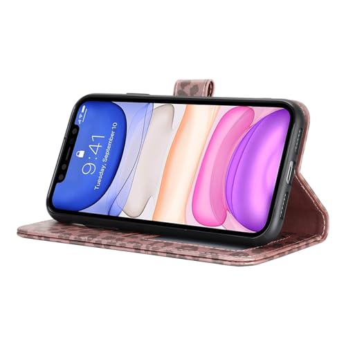 Image of for iPhone 12 Case Wallet with Card Holder,for iPhone 12 Pro Wallet Case for Women Men,PU Leather Shockproof Magnetic Buckle Stand Flip Phone Case-Rose Gold Leopard