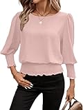 VeraieSien Banded Bottom Tops for Women Smocked Tops Elastic Cinched Waist Top Dressy Blouse 3/4 Length Sleeve Casual Outfits (Pink,Large)
