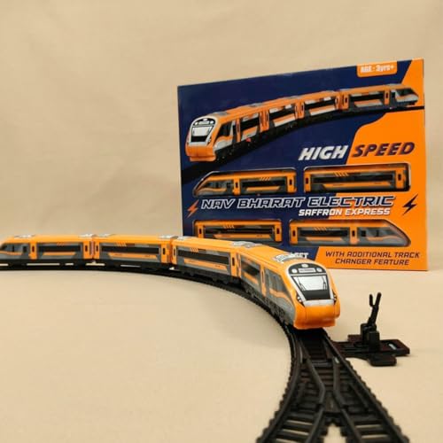 Image of Toy Train Vande Bharat Bullet Train Set for Kids - Big Size Battery Operated Electric Locomotive Toy with Interlocking Railway Tracks, Coaches, Track Changer - Nav Bharat Express Saffron