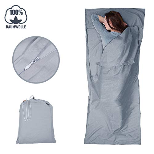 Tirain Baumwoll Hüttenschlafsack mit Reißverschluss: Leichter Komfort Reiseschlafsack und Reisedecke in Einem - Sommer Schlafsack Innenschlafsack