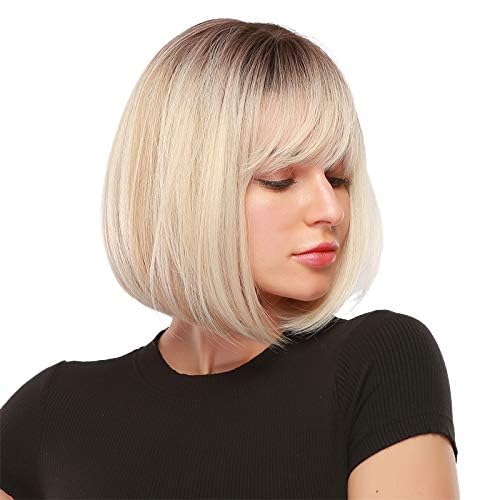 Miniatura 5 de EMMOR Peluca corta rubia ombré para mujer, pelucas de cabello sintético natural con flequillo, uso diario para fiestas de disfraces (2 gorras de