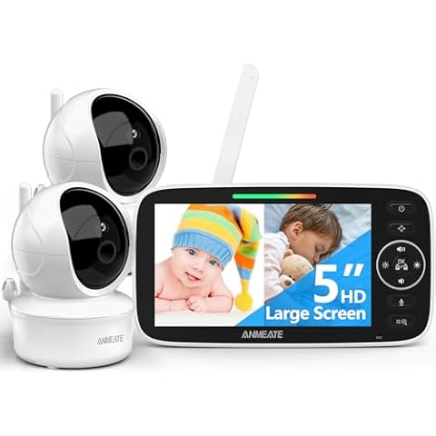 ANMEATE Baby Monitor with 2 Cameras, 5" 720P HD Split Screen, 30 Hours Battery Life Baby Monitor with Camera and Audio|Remote PTZ, Two-Way Audio, Zoom, Night Vision, Lullabies, 960ft Long Range Cover
