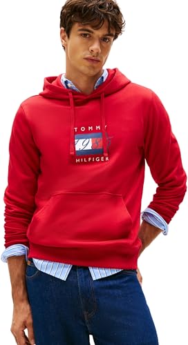 Tommy Hilfiger Men’s Linear Flag Graphic Cotton Hoodie, Red (Medium Red), M