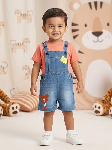 Image of KiddoPanti Unisex Infant Denim Dungaree | Cotton Blend Stretch | Baby Jumpsuit Witth Pockets | Comfortable Casual Outfit for Boys & Girls 6 Months-3 Years