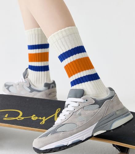 Image of 3 Pairs Women Striped Tube Socks Fun Novelty Cute Crew Socks Retro Sport Mid-Calf Socks for Women Grils
