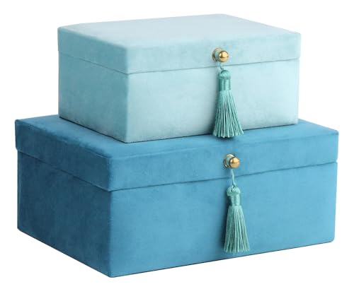 HofferRuffer Velvet Jewelry Boxes Decorative Boxes, Storage Accessory Organizer Boxes with Elegant Handle Decor, Classic Velvet Set of 2 Pieces (Blue)